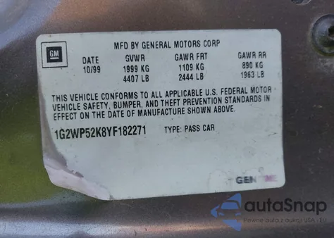 2000 Pontiac Grand Prix Gt z USA, uszkodzony, nr VIN 1G2WP52K8YF182271